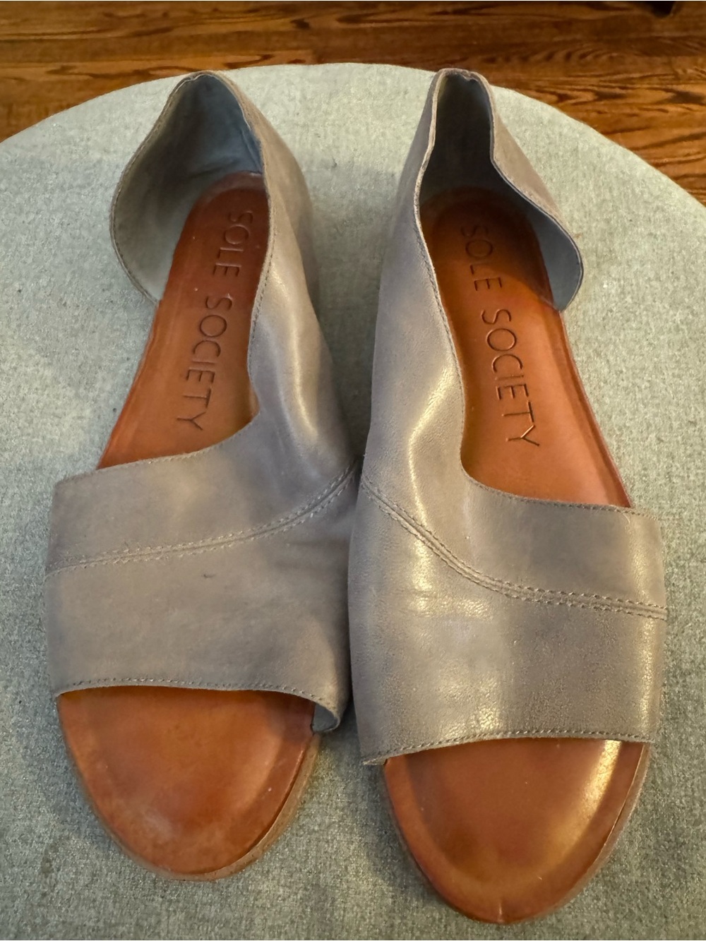Sole Society Light Gray Leather Open-Toe D'Orsay Flats